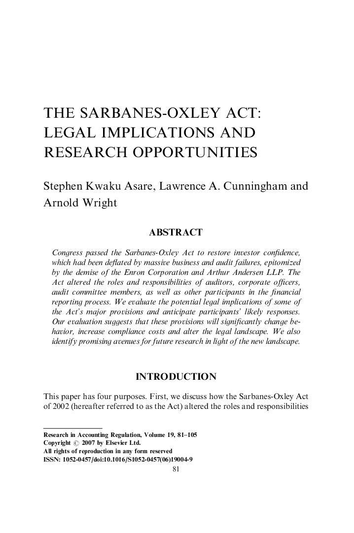 The Sarbanes-Oxley Act: Legal Implications and Research Opportunities