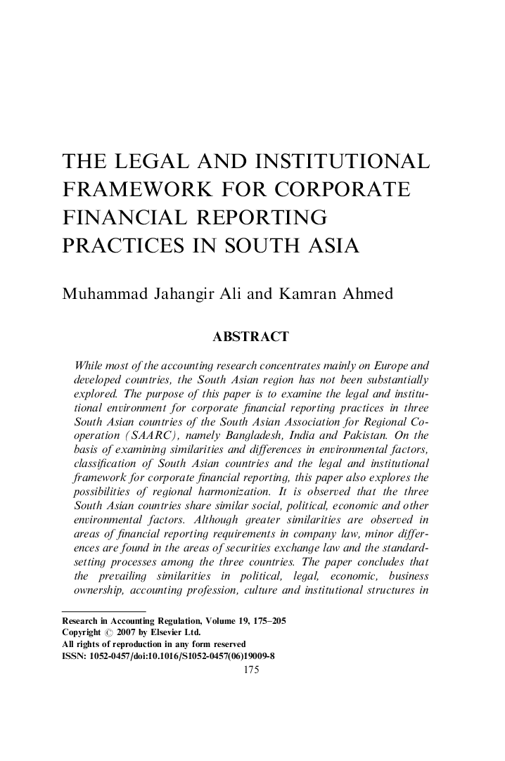 The Legal and Institutional Framework for Corporate Financial Reporting Practices in South Asia