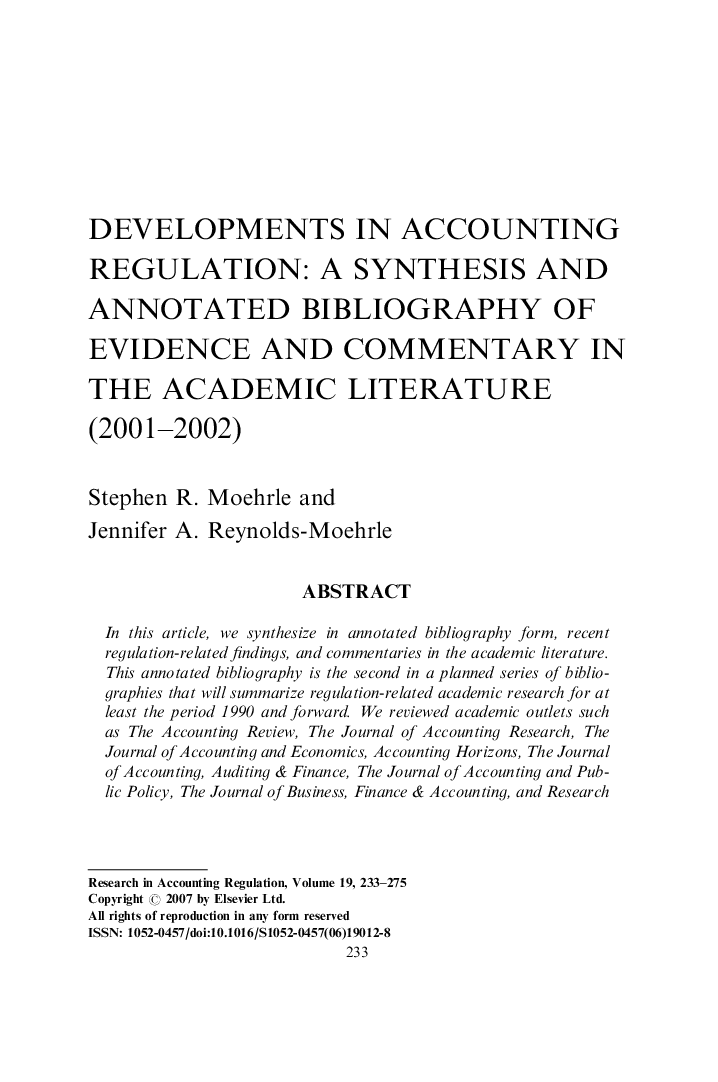 Developments in Accounting Regulation: A Synthesis and Annotated Bibliography of Evidence and Commentary in the Academic Literature (2001–2002)