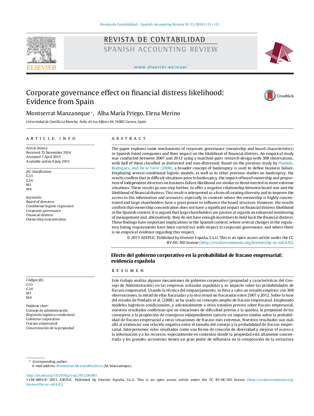 Corporate governance effect on financial distress likelihood: Evidence from Spain