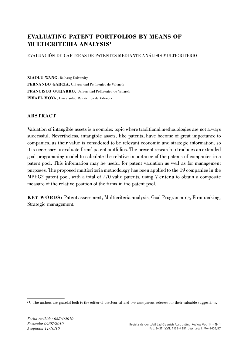 Evaluating patent portfolios by means of multicriteria analysis *