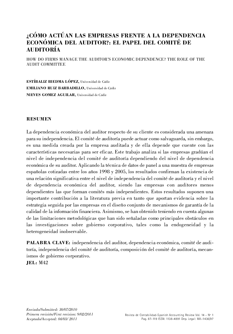 ¿Cómo actúan las empresas frente a la dependencia económica del auditor?: el papel del comité de auditoría