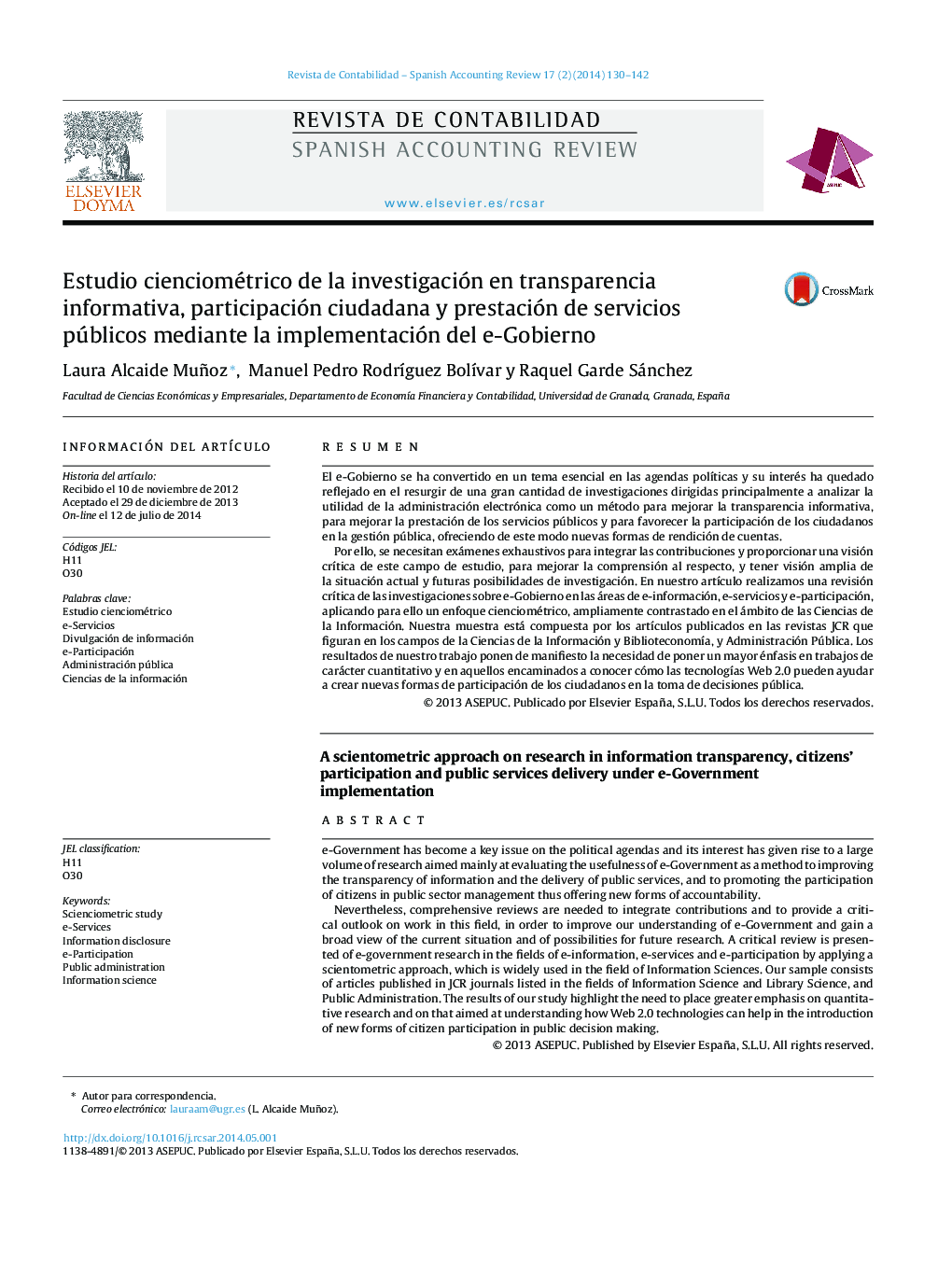 Estudio cienciométrico de la investigación en transparencia informativa, participación ciudadana y prestación de servicios públicos mediante la implementación del e-Gobierno