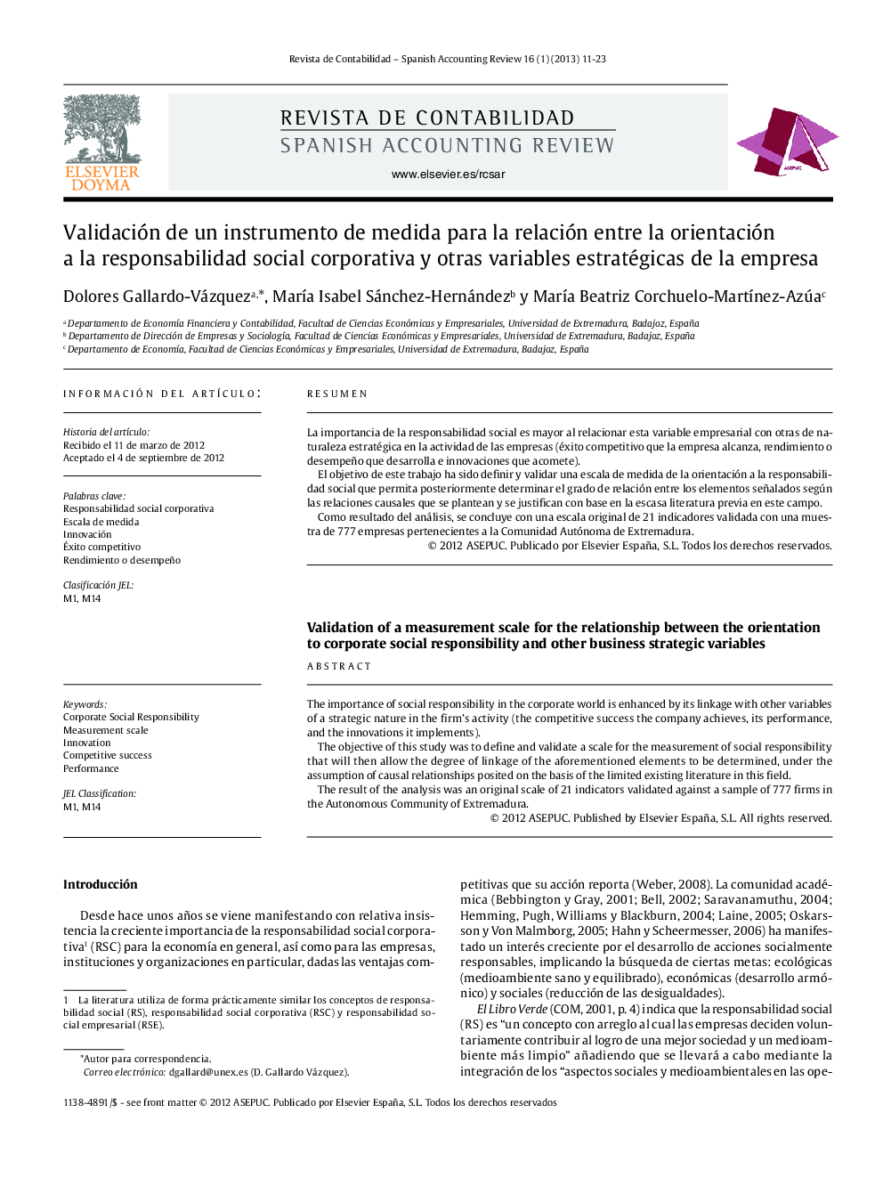 Validación de un instrumento de medida para la relación entre la orientación a la responsabilidad social corporativa y otras variables estratégicas de la empresa