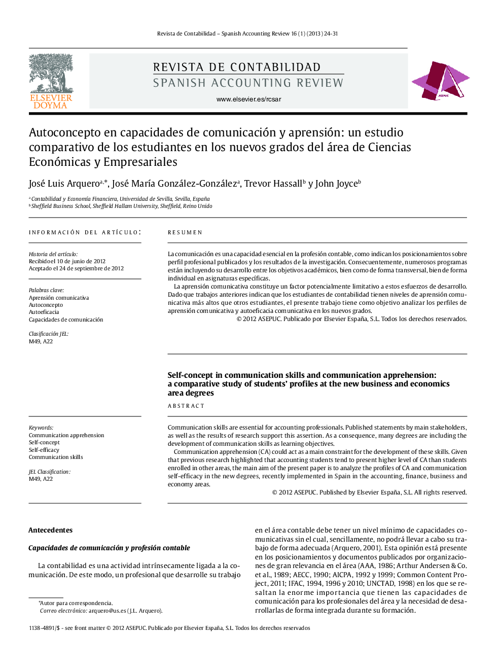 Autoconcepto en capacidades de comunicación y aprensión: un estudio comparativo de los estudiantes en los nuevos grados del área de Ciencias Económicas y Empresariales