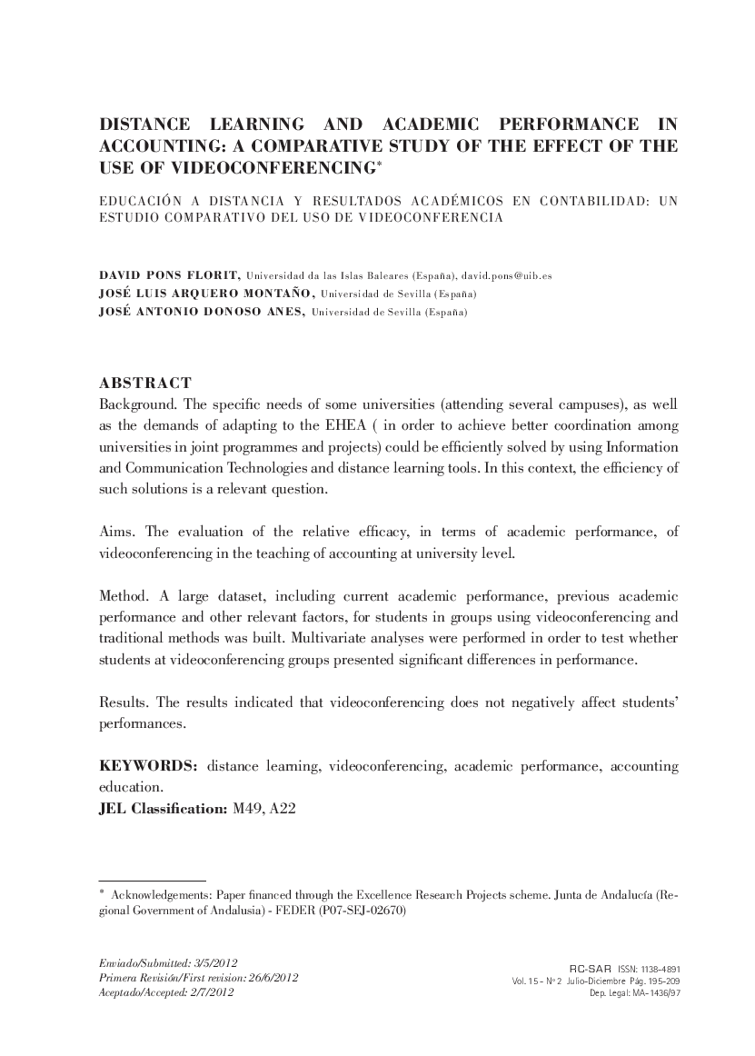 Distance learning and academic performance in accounting: a comparative study of the effect of the use of videoconferencing *