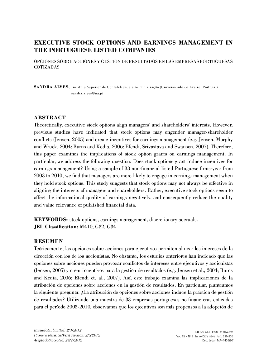 Executive stock options and earnings management in the portuguese listed companies