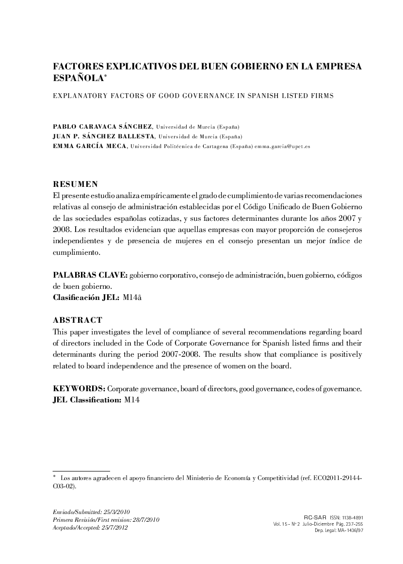 Factores explicativos del buen gobierno en la empresa española *