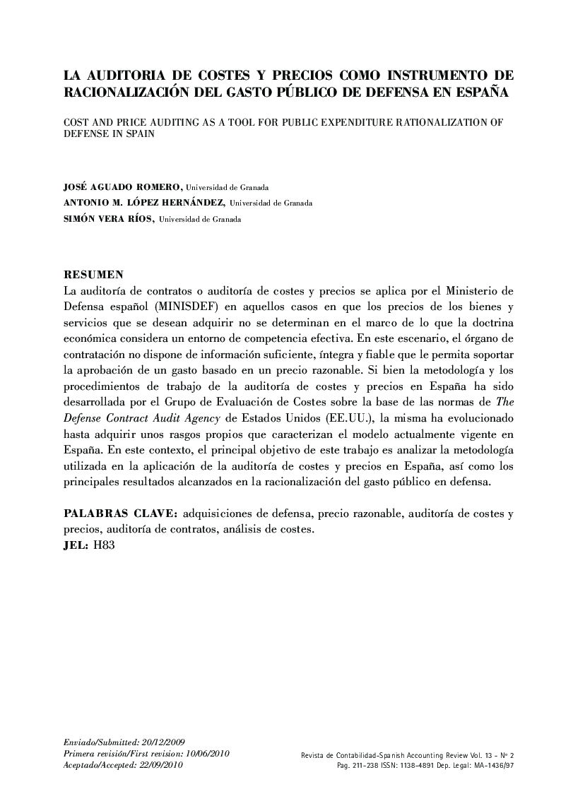 La Auditoria de Costes y Precios Como Instrumento de Racionalización del Gasto Público de Defensa en España