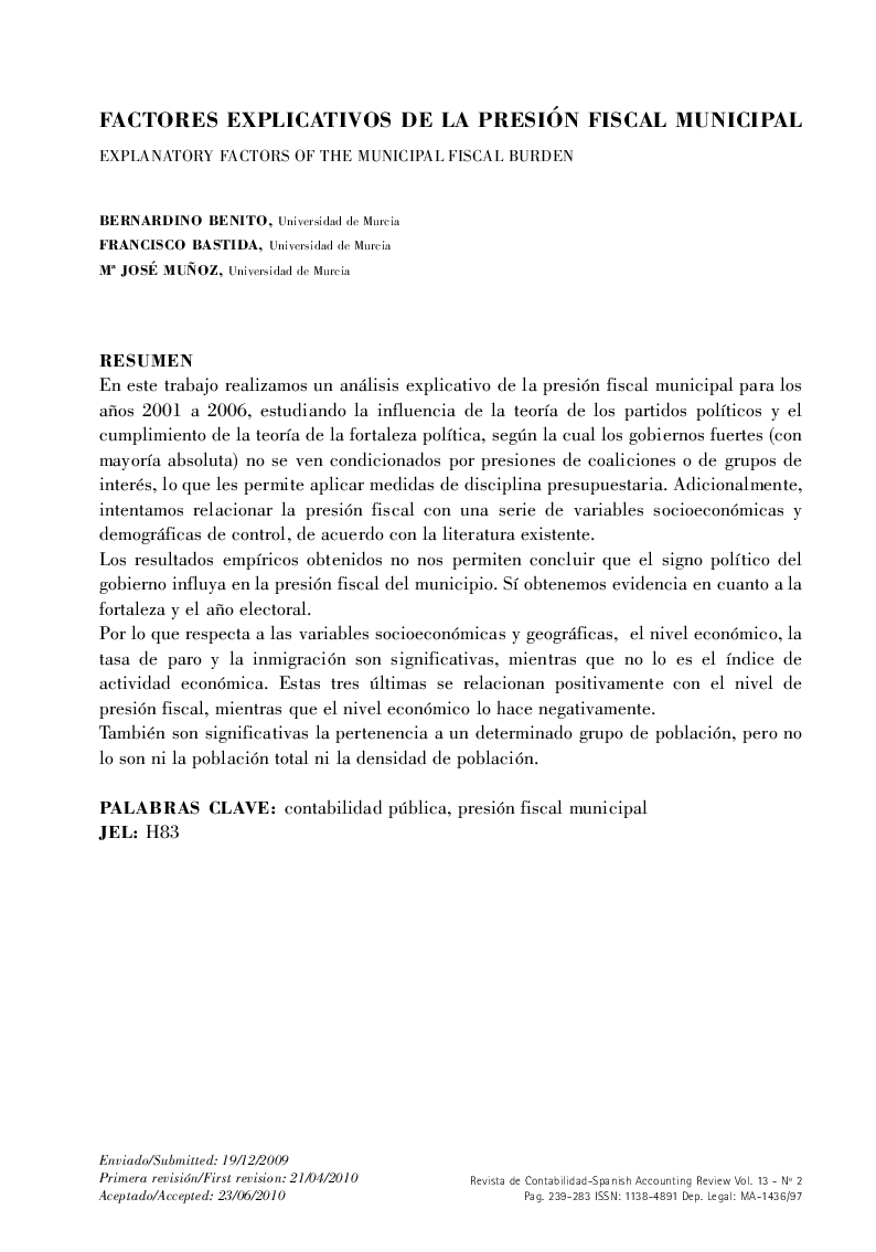 Factores Explicativos de la Presión Fiscal Municipal