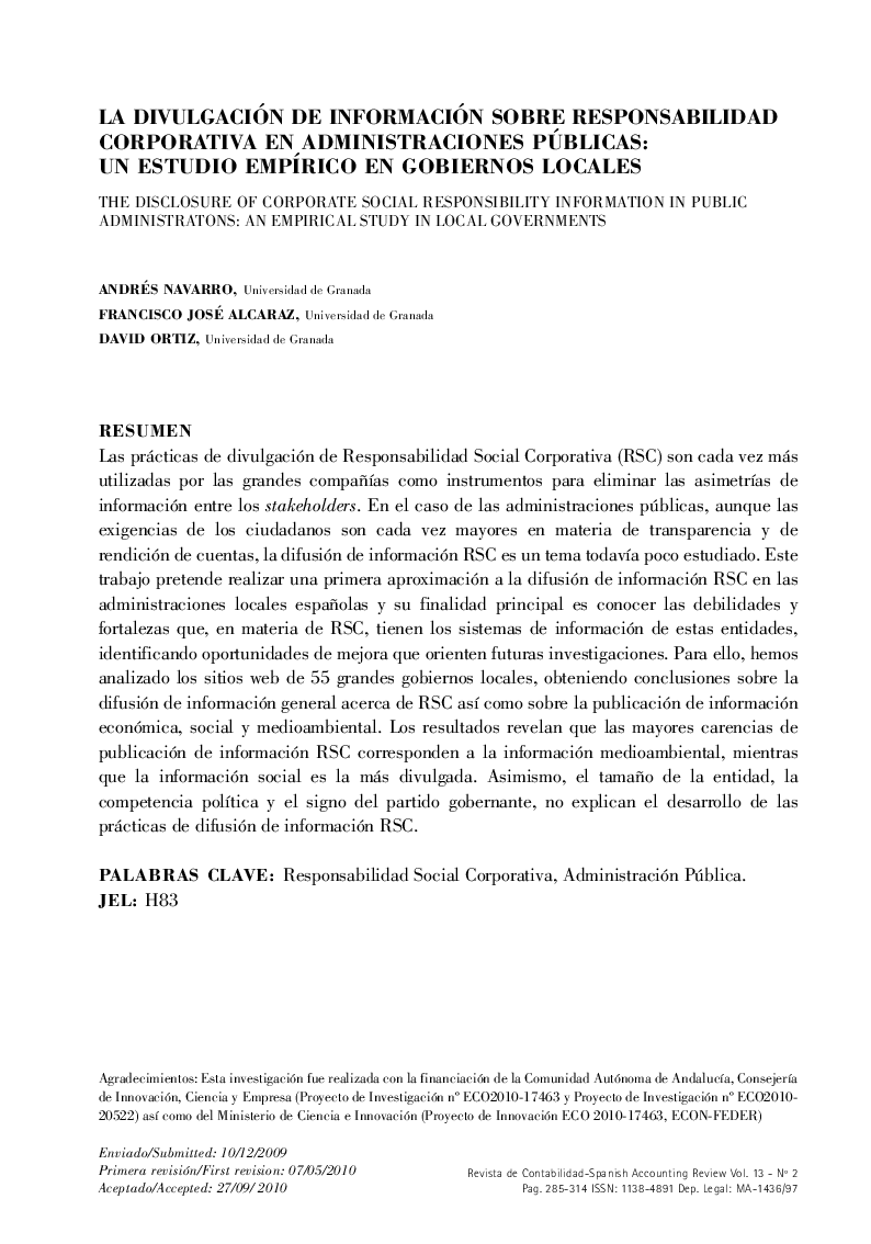 La Divulgación de Información Sobre Responsabilidad Corporativa en Administraciones Públicas: Un Estudio Empírico en Gobiernos Locales