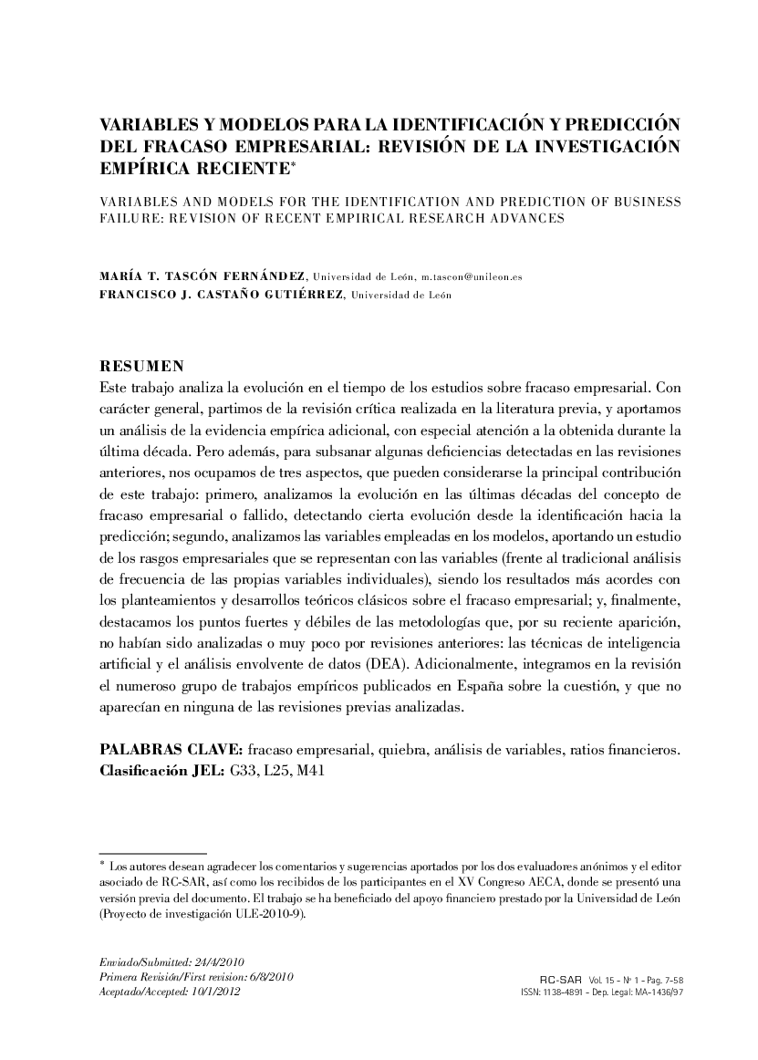 Variables y Modelos Para La Identificación y Predicción Del Fracaso Empresarial: Revisión de La Investigación Empírica Reciente *