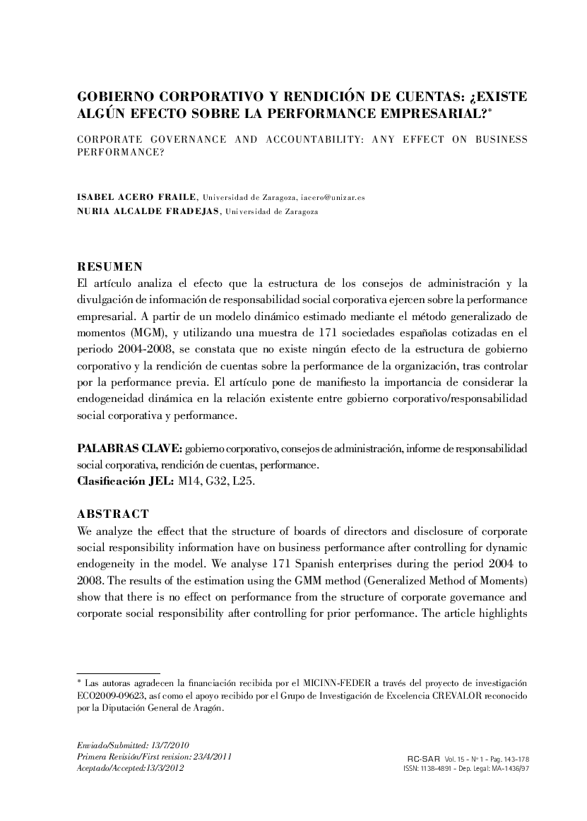 Gobierno Corporativo y Rendición de Cuentas: ¿Existe Algún Efecto Sobre la Performance Empresarial? *