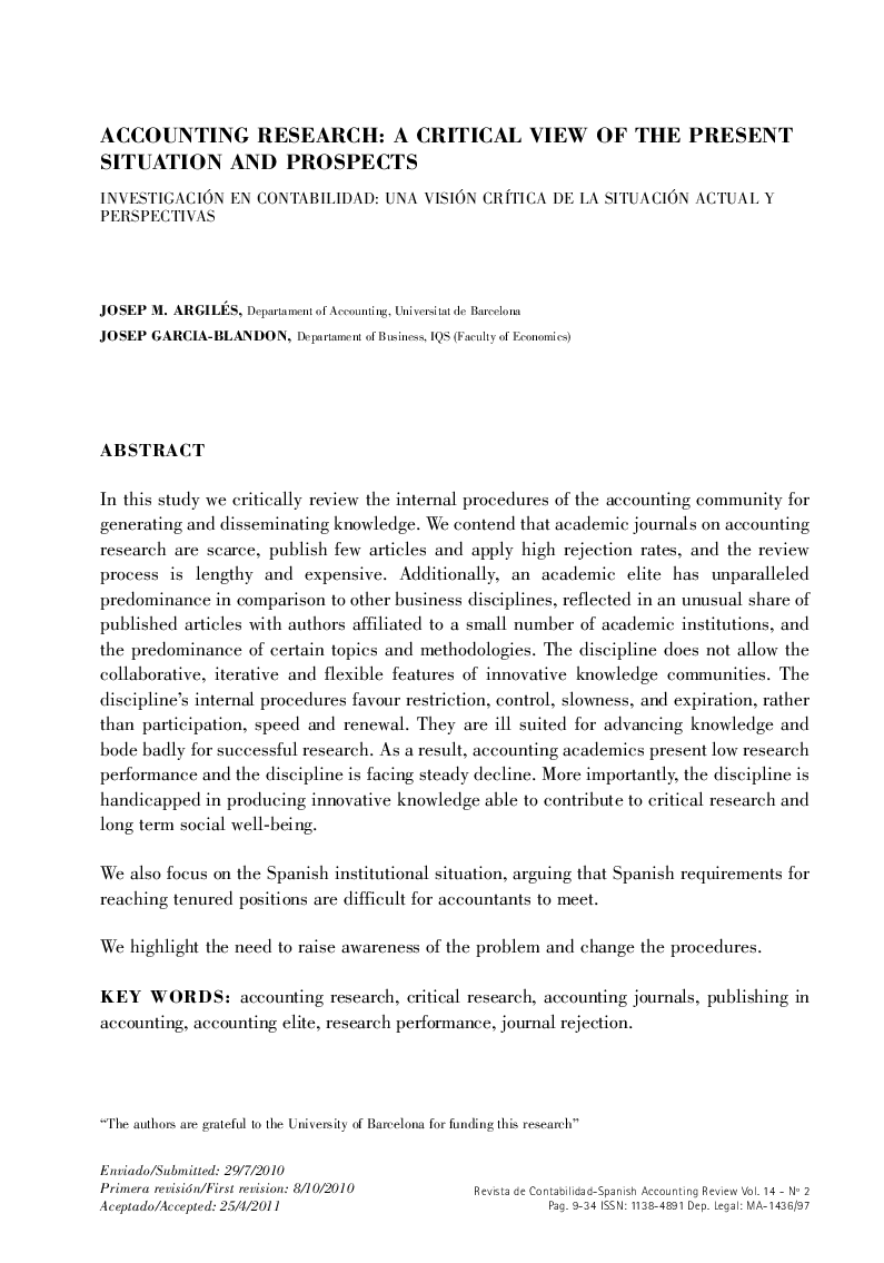 Accounting Research: A Critical View Of The Present Situation And Prospects *