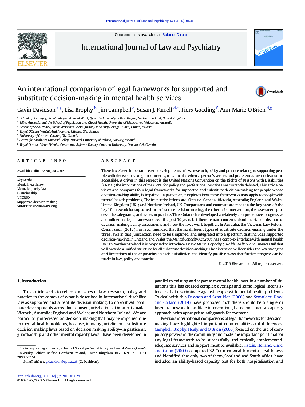 An international comparison of legal frameworks for supported and substitute decision-making in mental health services