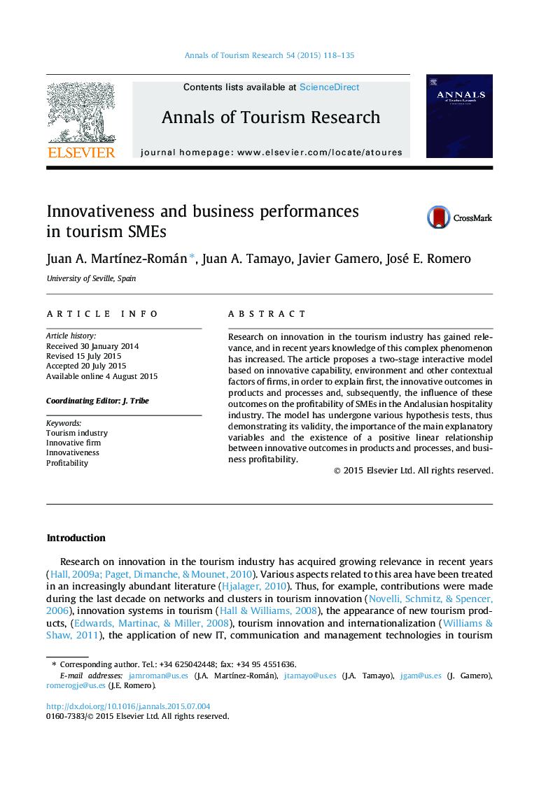 Innovativeness and business performances in tourism SMEs