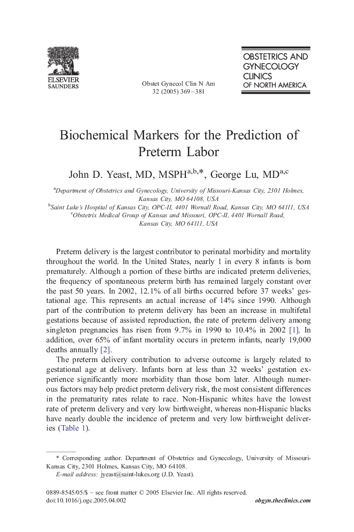 Biochemical Markers for the Prediction of Preterm Labor