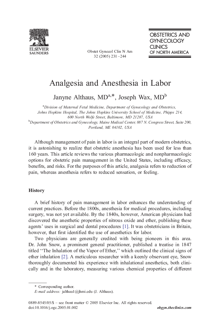Analgesia and Anesthesia in Labor