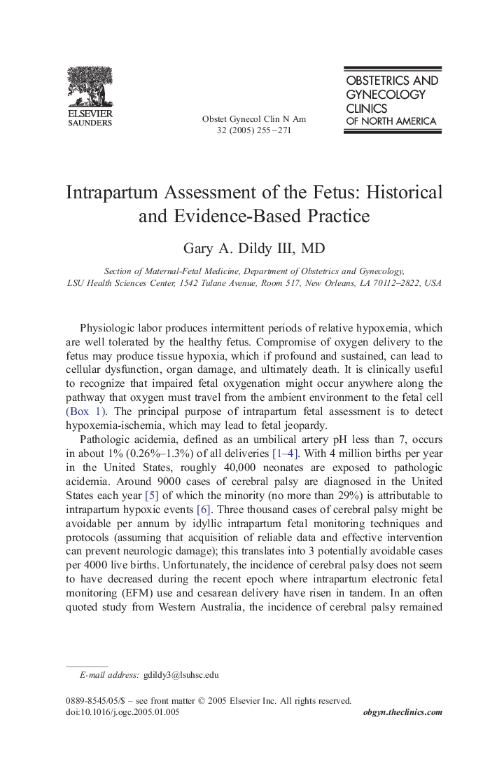 Intrapartum Assessment of the Fetus: Historical and Evidence-Based Practice