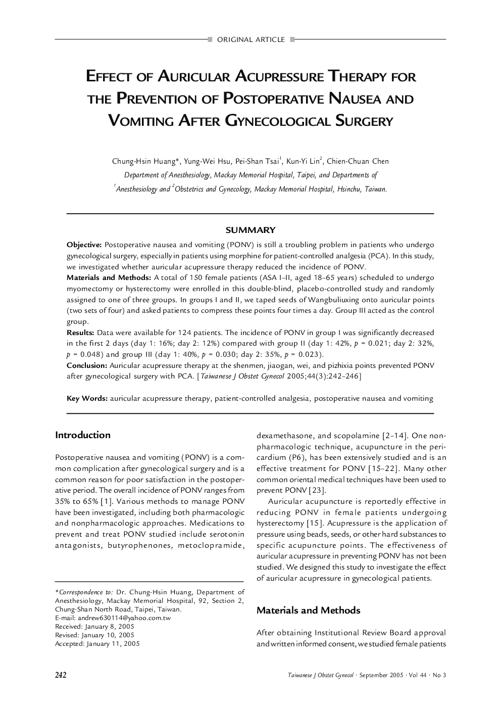 Effect of Auricular Acupressure Therapy for the Prevention of Postoperative Nausea and Vomiting After Gynecological Surgery