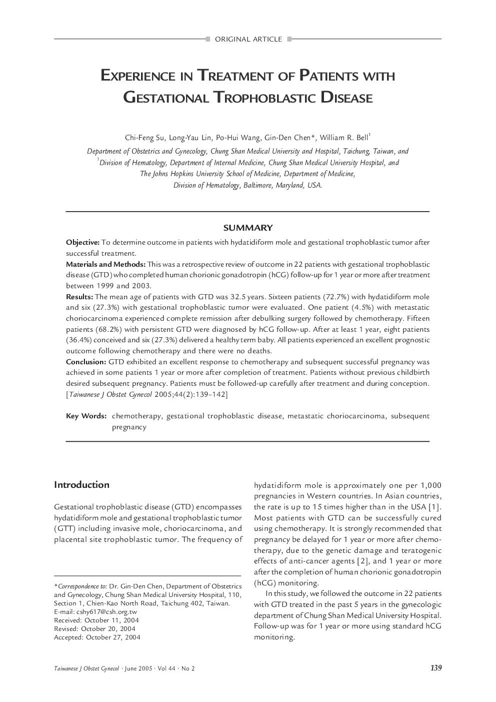 Experience in Treatment of Patients with Gestational Trophoblastic Disease