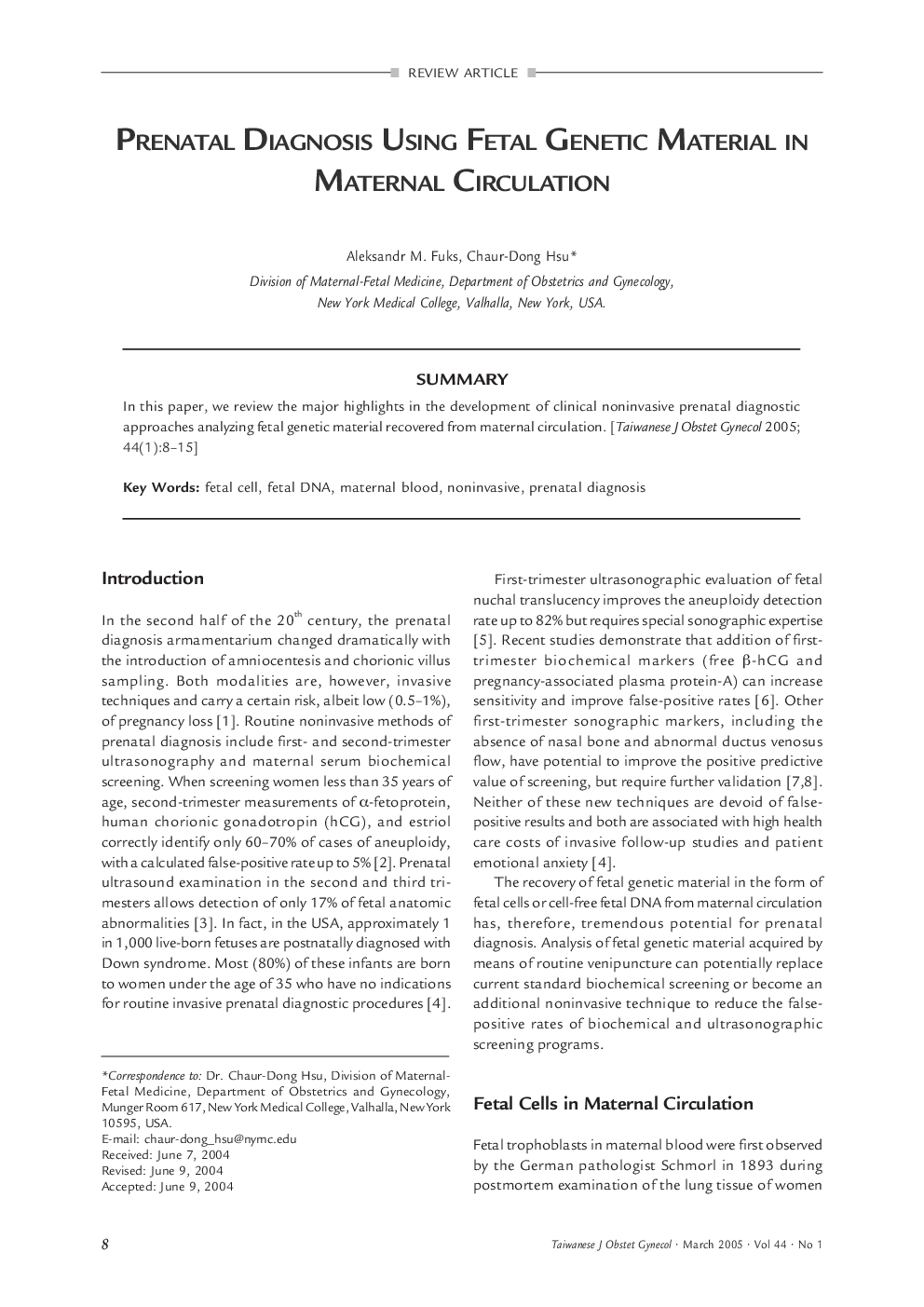 Prenatal Diagnosis using Fetal Genetic Material in Maternal Circulation