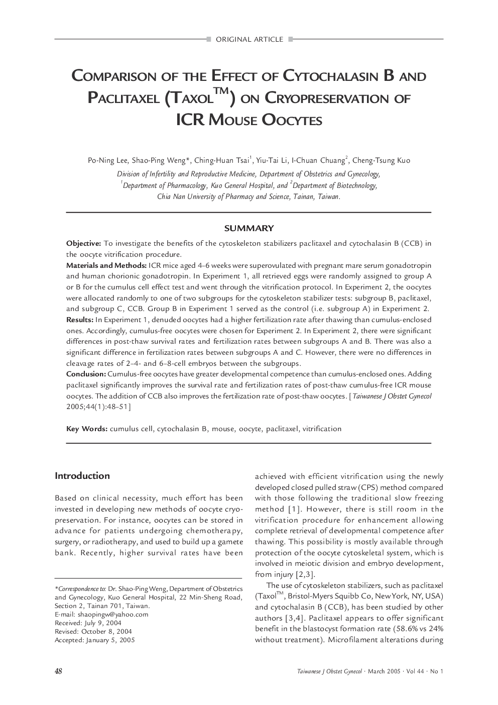 Comparison Of The Effect Of Cytochalasin B And Paclitaxel (Taxol Tm) On Cryopreservation Of Icr Mouse Oocytes