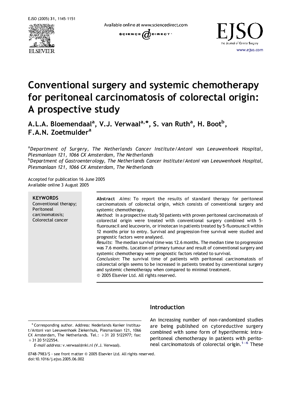 Conventional surgery and systemic chemotherapy for peritoneal carcinomatosis of colorectal origin: A prospective study