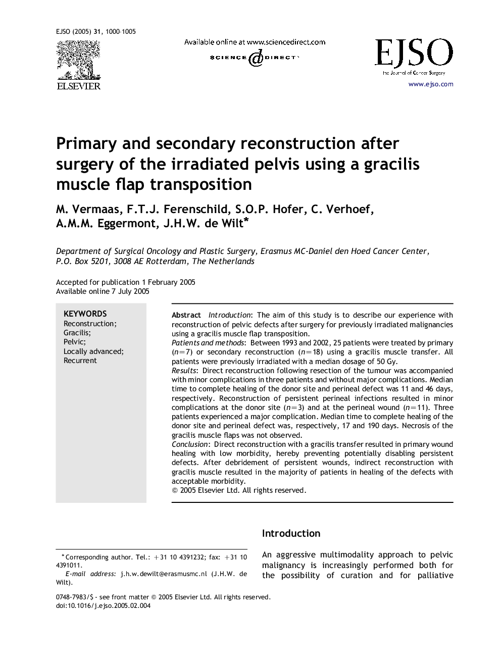 Primary and secondary reconstruction after surgery of the irradiated pelvis using a gracilis muscle flap transposition