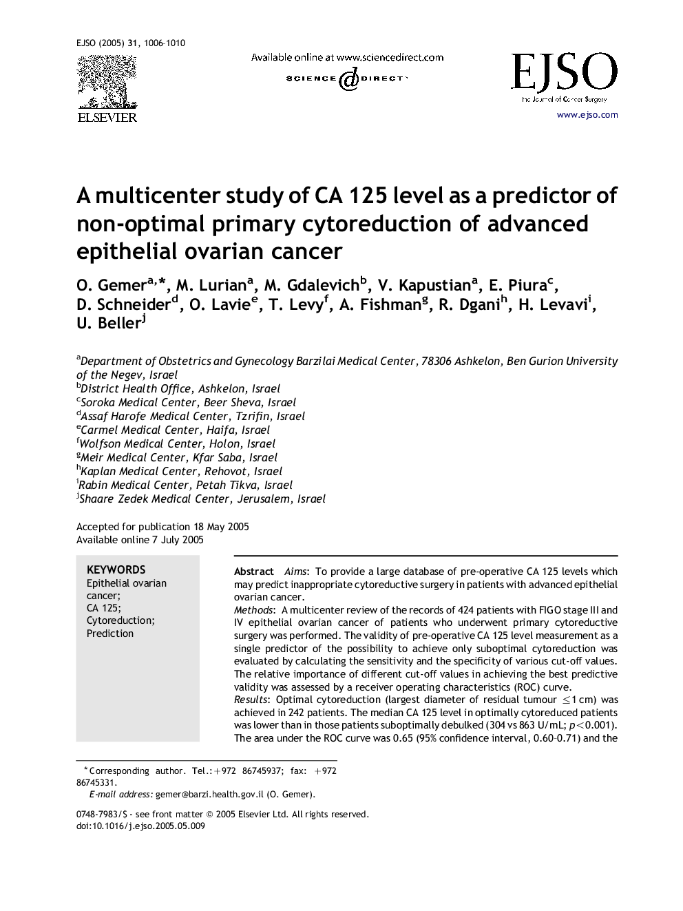A multicenter study of CA 125 level as a predictor of non-optimal primary cytoreduction of advanced epithelial ovarian cancer