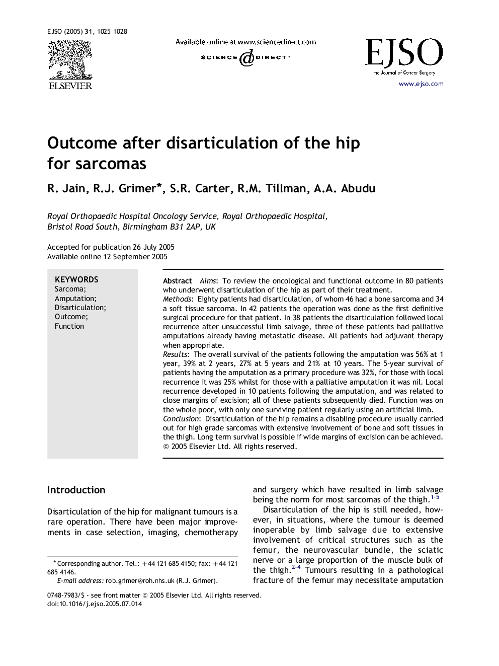 Outcome after disarticulation of the hip for sarcomas