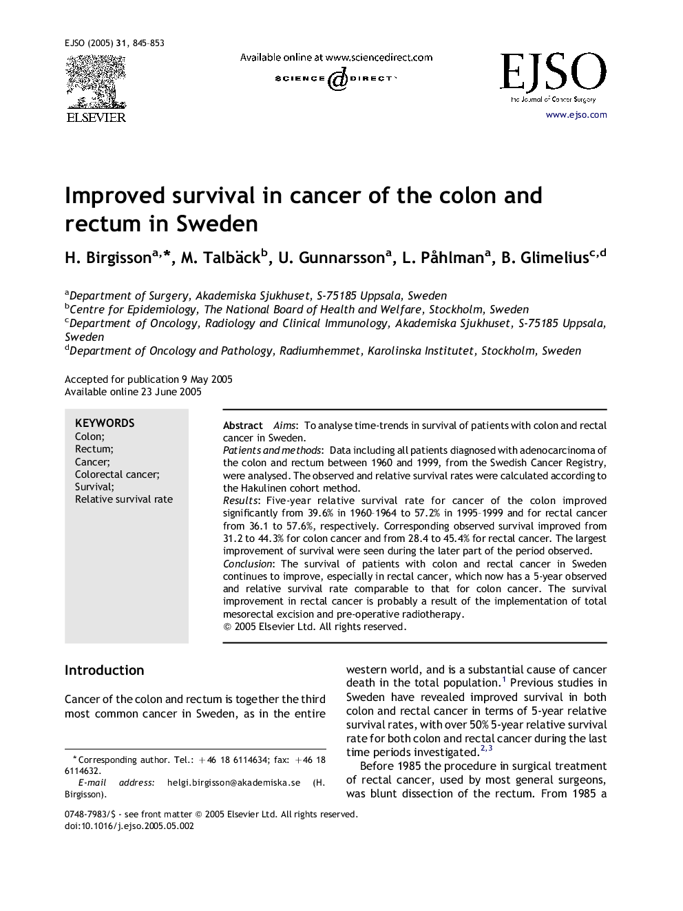 Improved survival in cancer of the colon and rectum in Sweden