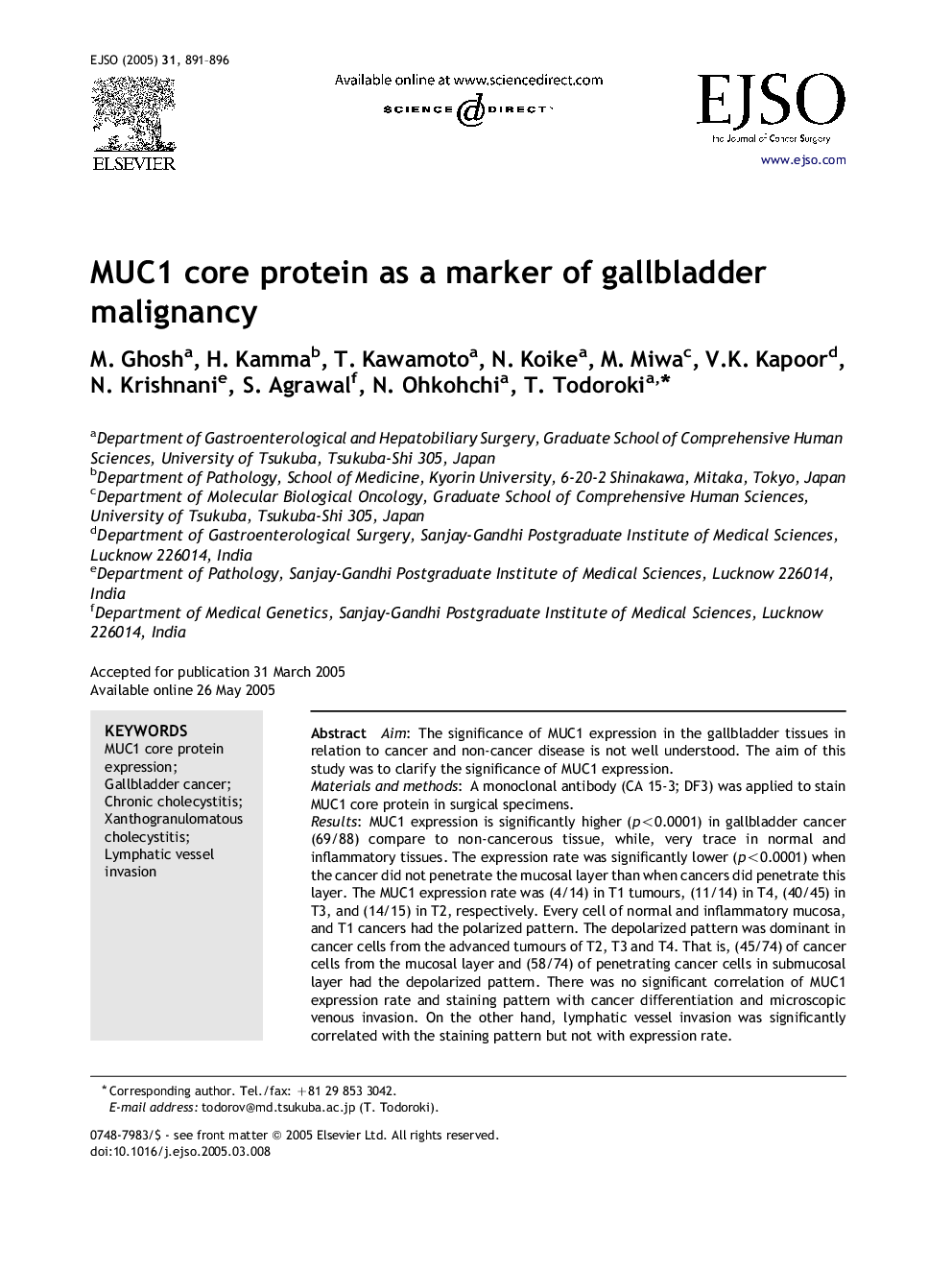 MUC1 core protein as a marker of gallbladder malignancy