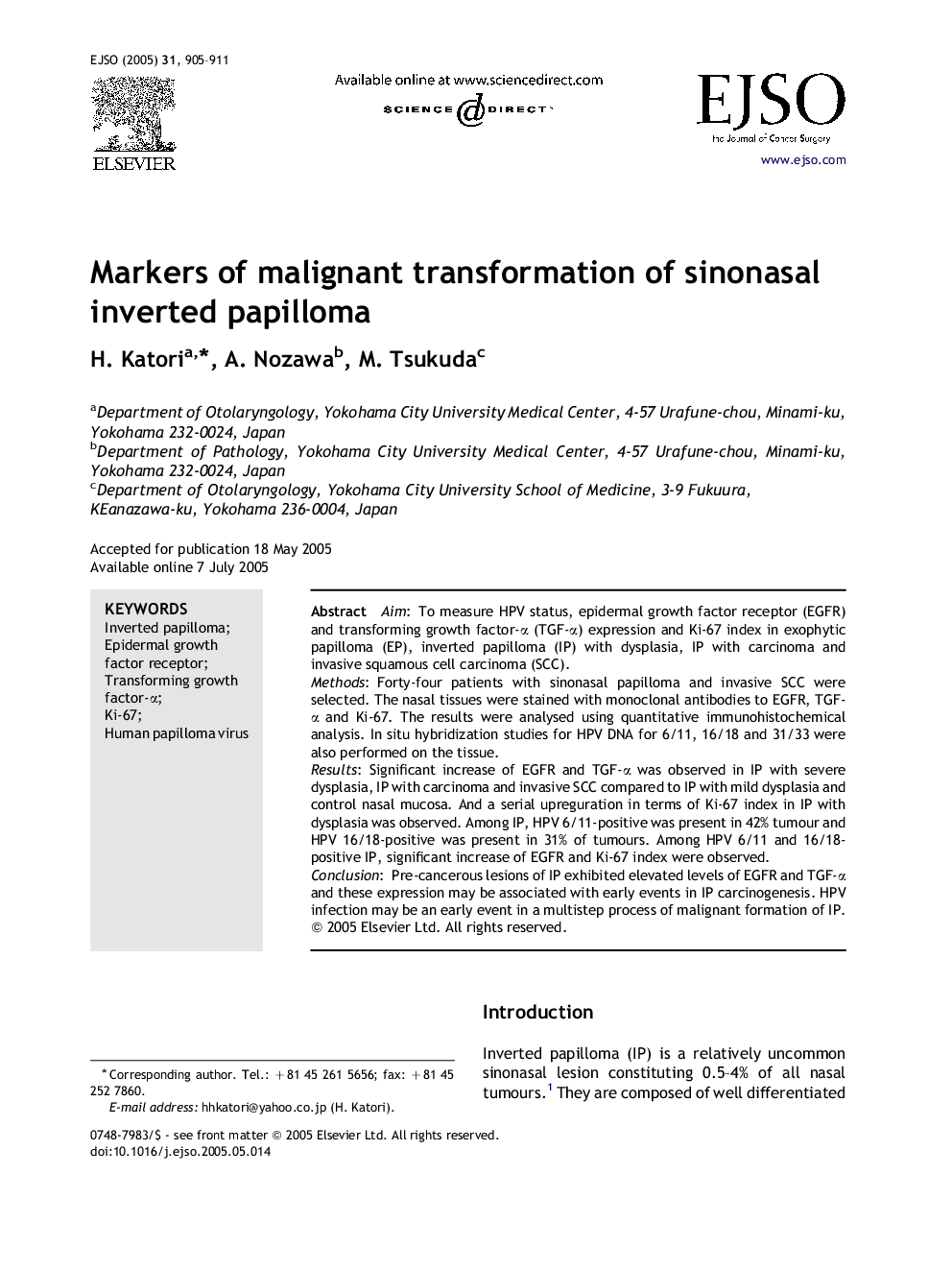 Markers of malignant transformation of sinonasal inverted papilloma