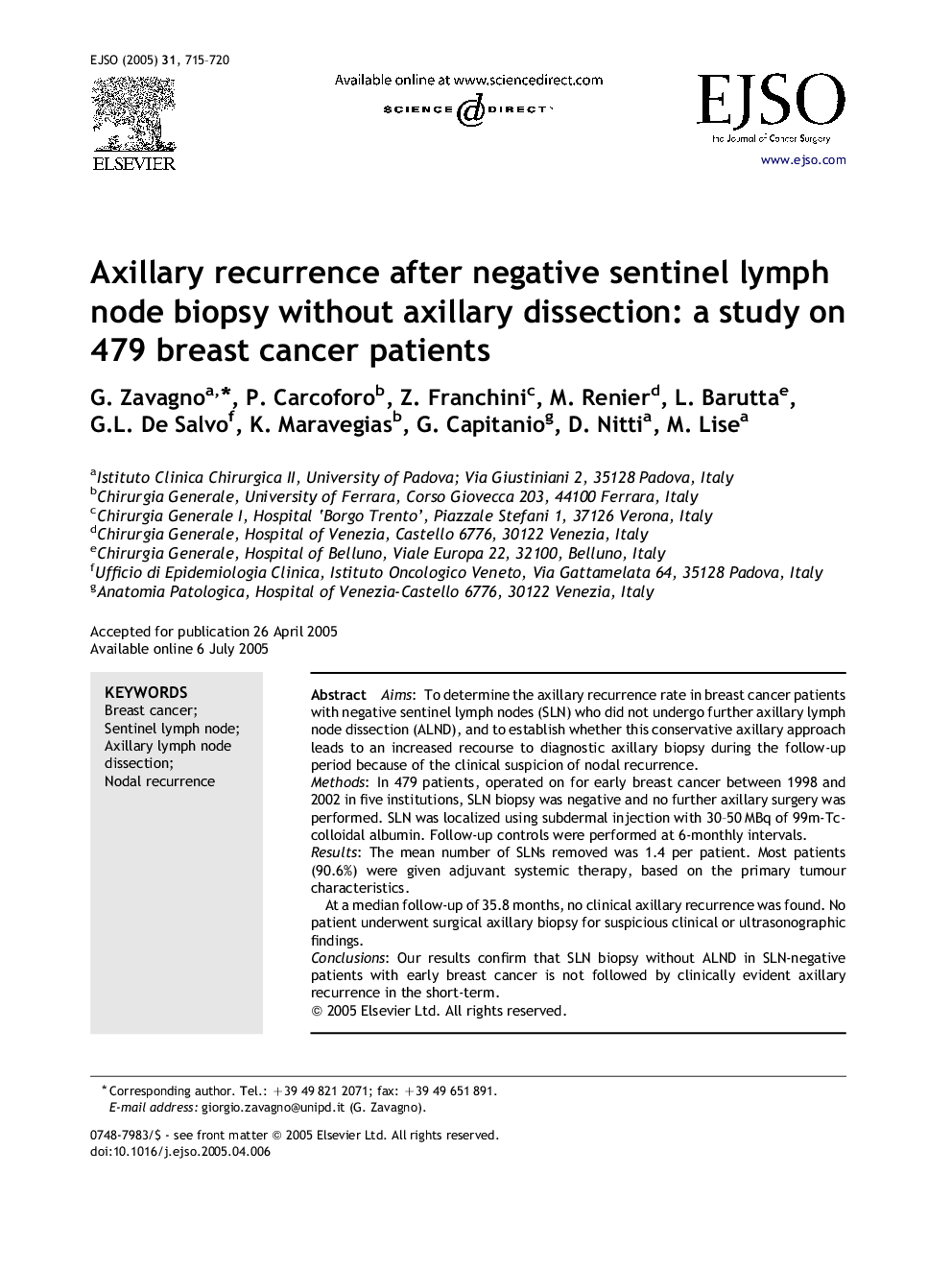 Axillary recurrence after negative sentinel lymph node biopsy without axillary dissection: a study on 479 breast cancer patients