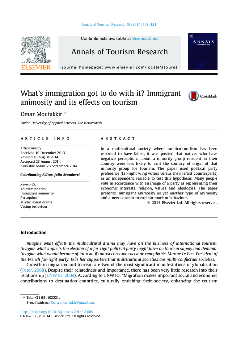 What’s immigration got to do with it? Immigrant animosity and its effects on tourism