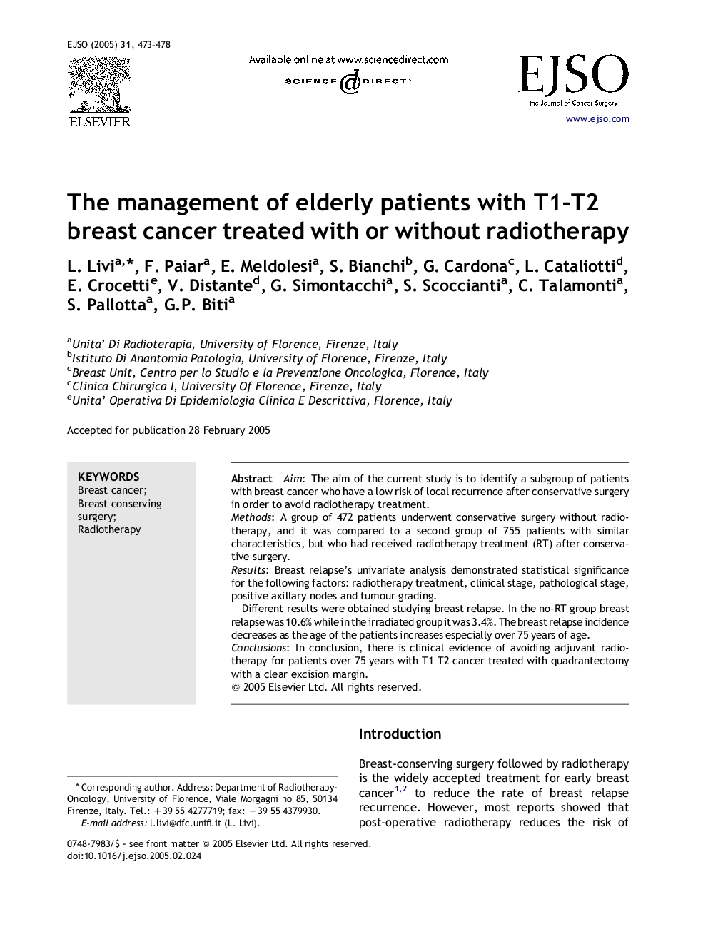 The management of elderly patients with T1-T2 breast cancer treated with or without radiotherapy
