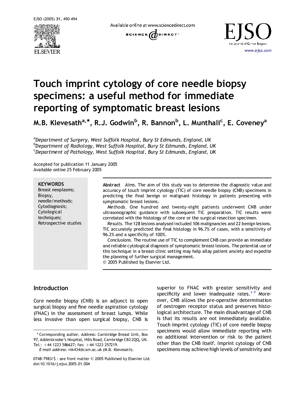 Touch imprint cytology of core needle biopsy specimens: a useful method for immediate reporting of symptomatic breast lesions