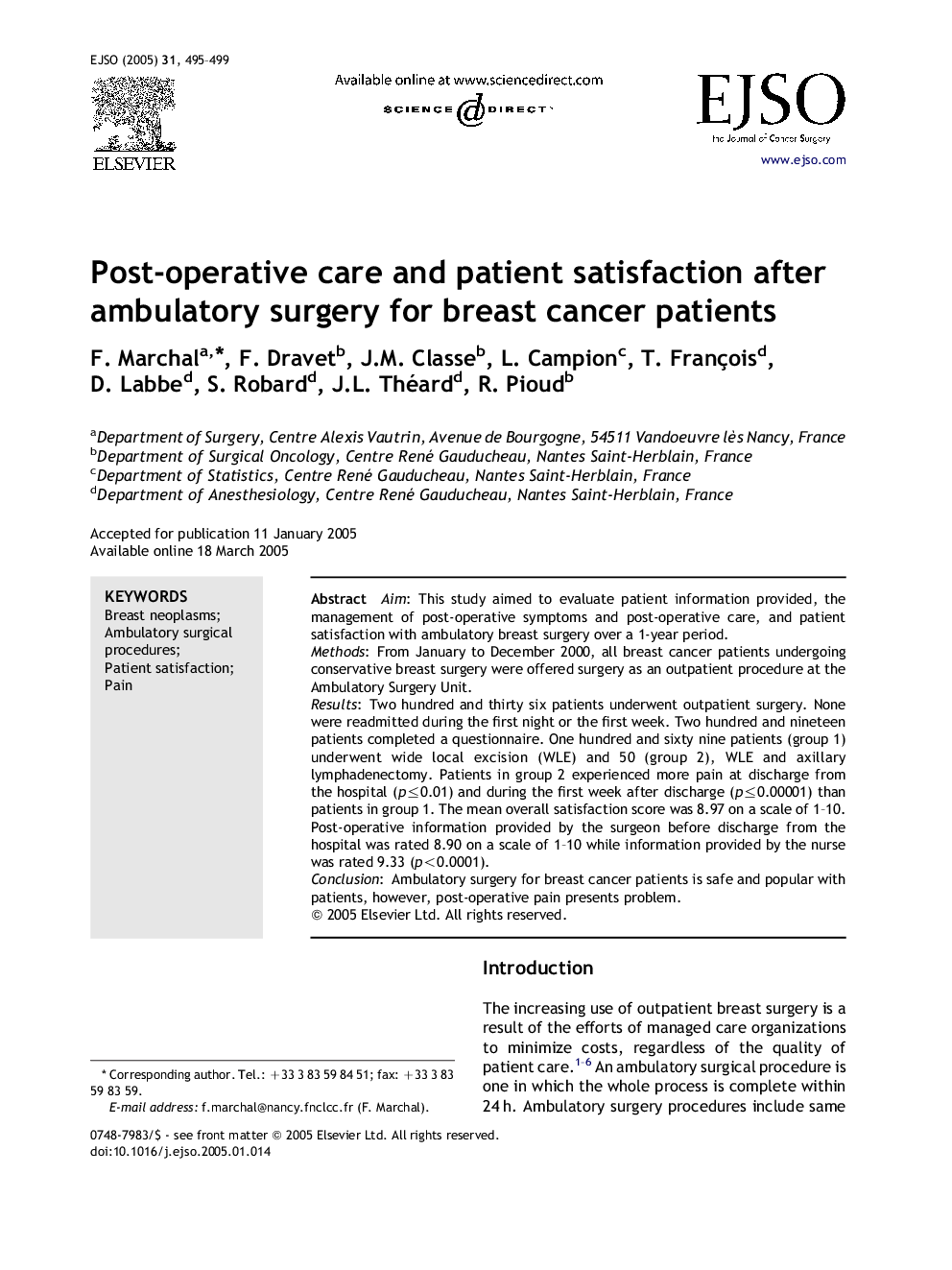 Post-operative care and patient satisfaction after ambulatory surgery for breast cancer patients