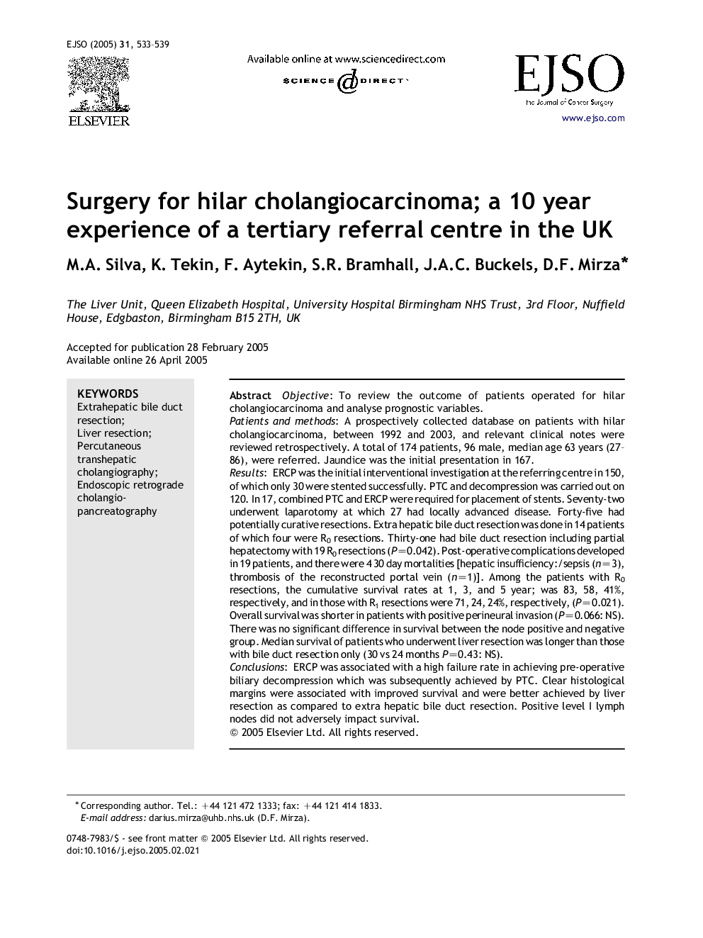 Surgery for hilar cholangiocarcinoma; a 10 year experience of a tertiary referral centre in the UK