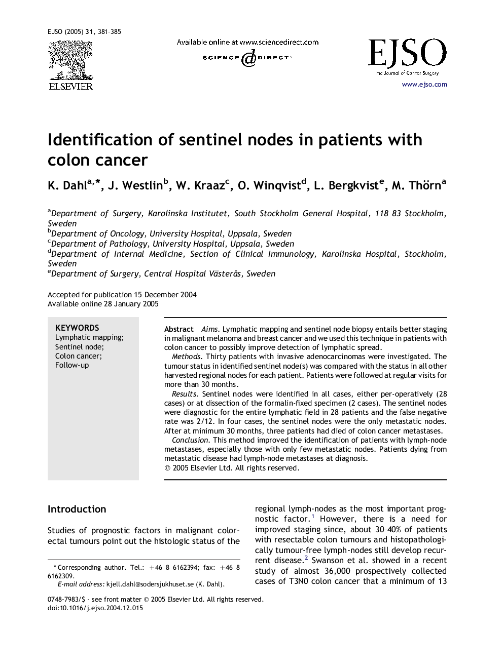 Identification of sentinel nodes in patients with colon cancer