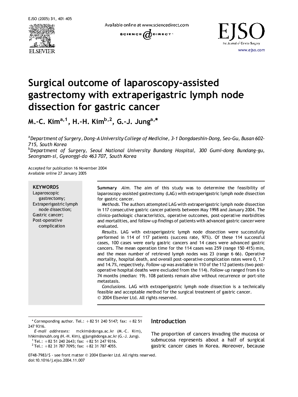 Surgical outcome of laparoscopy-assisted gastrectomy with extraperigastric lymph node dissection for gastric cancer