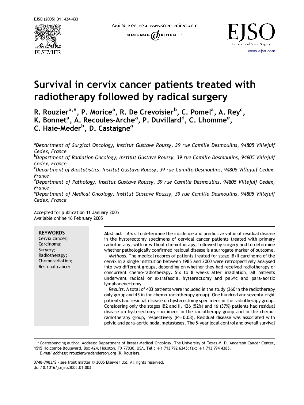 Survival in cervix cancer patients treated with radiotherapy followed by radical surgery