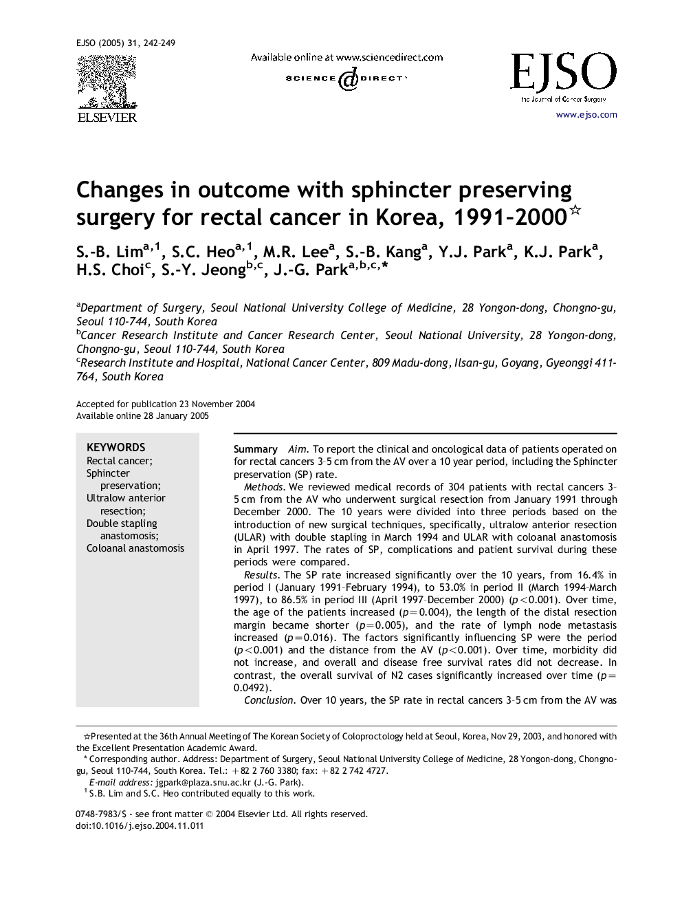 Changes in outcome with sphincter preserving surgery for rectal cancer in Korea, 1991-2000