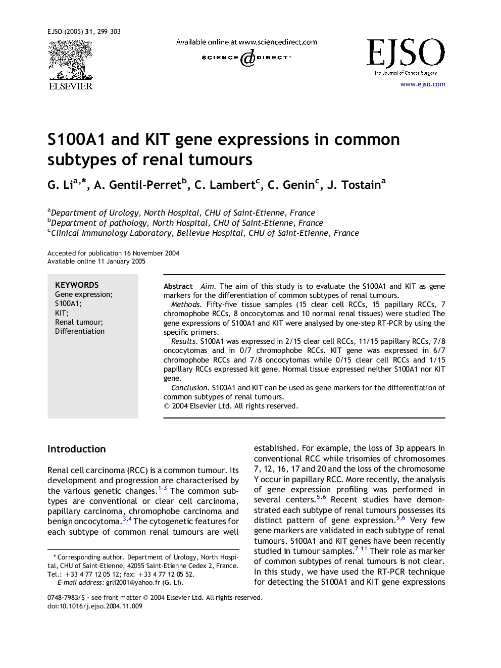 S100A1 and KIT gene expressions in common subtypes of renal tumours