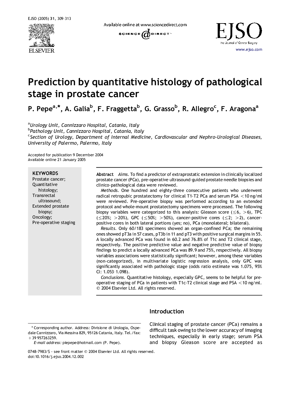 Prediction by quantitative histology of pathological stage in prostate cancer