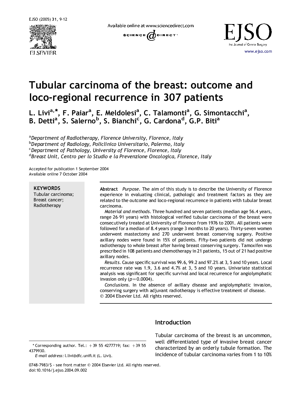 Tubular carcinoma of the breast: outcome and loco-regional recurrence in 307 patients