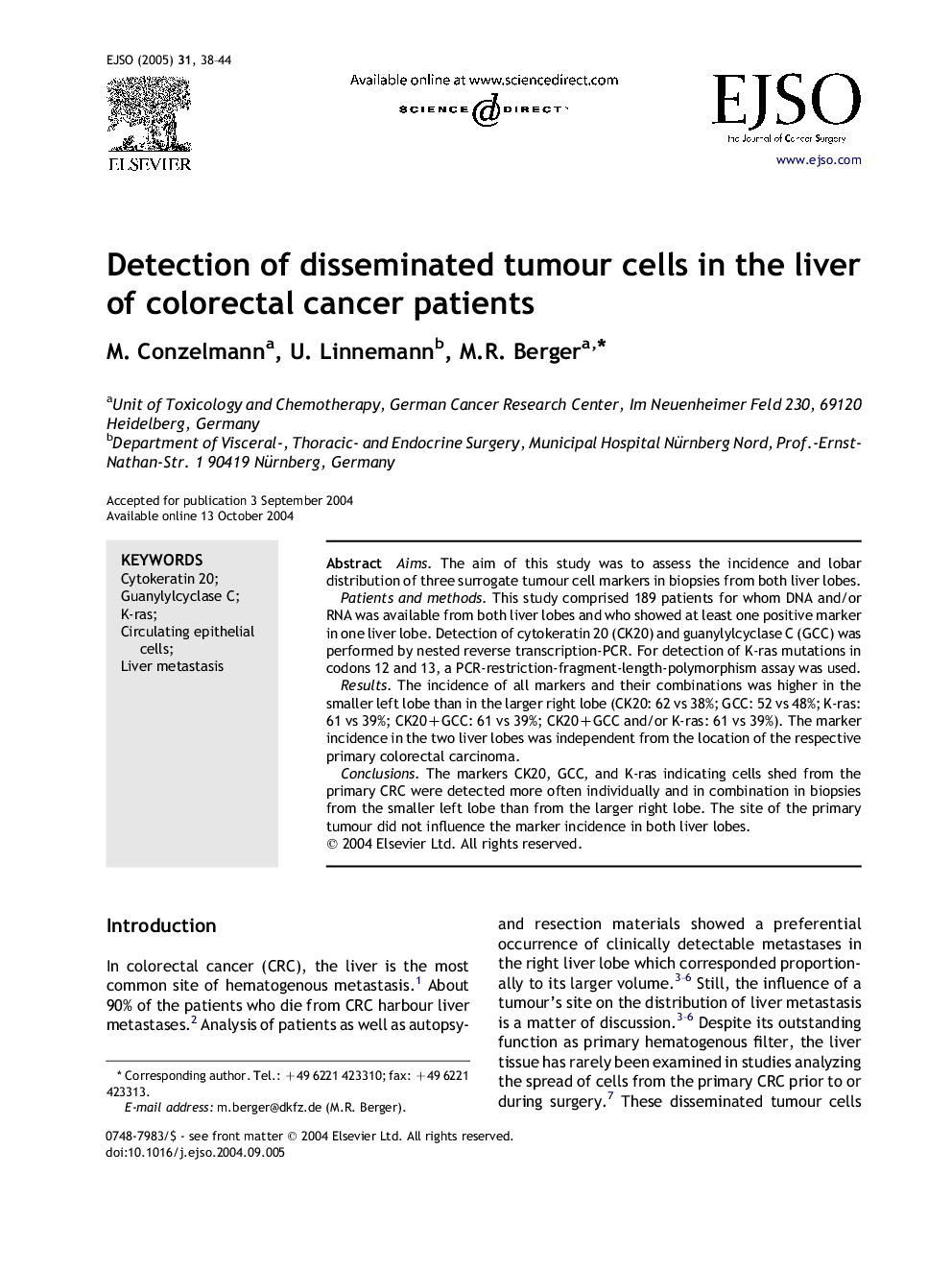 Detection of disseminated tumour cells in the liver of colorectal cancer patients