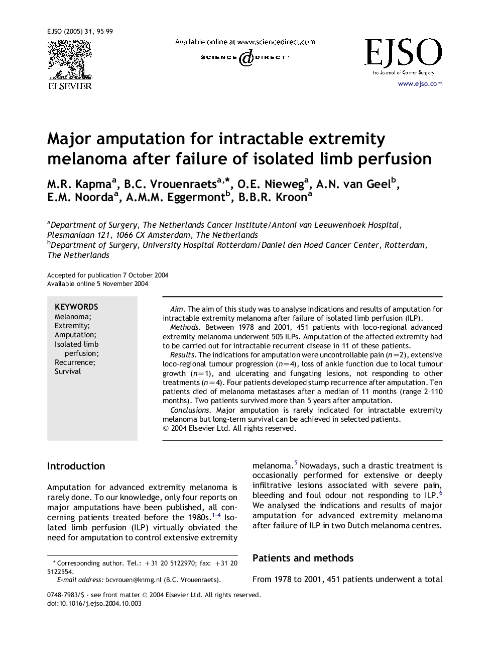 Major amputation for intractable extremity melanoma after failure of isolated limb perfusion