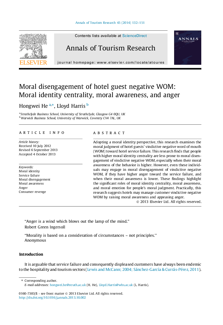 Moral disengagement of hotel guest negative WOM: Moral identity centrality, moral awareness, and anger